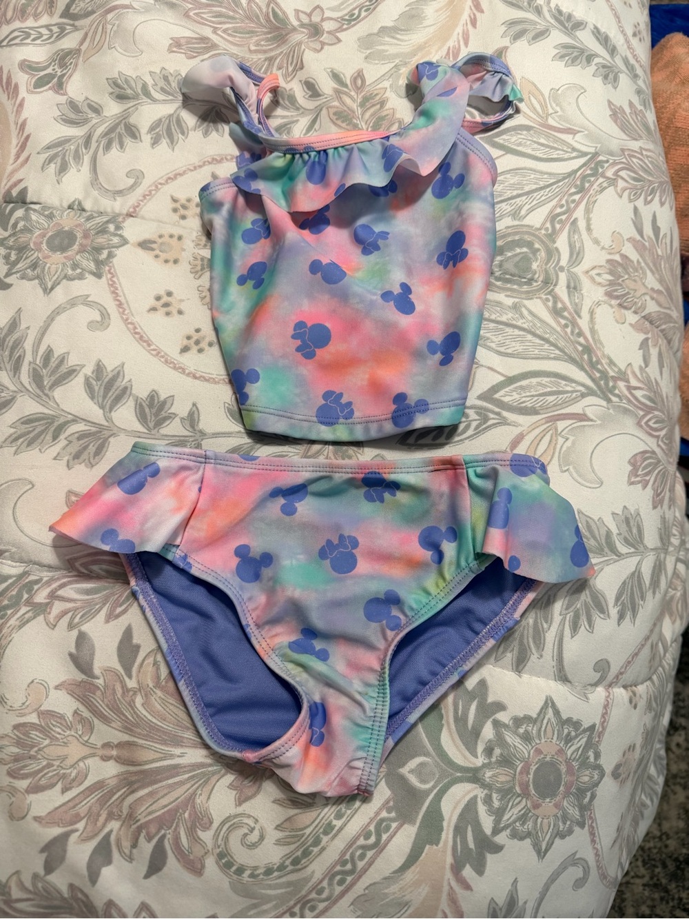 jumping beans Pastel Tie-Dye Ruffle Two-Piece Swimsuit with Blue Mouse Print
